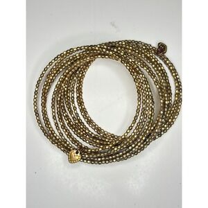 Y2K Gold Beaded Memory Wire Coil Wrap Bracelet Heart Charm Multi Layer Boho